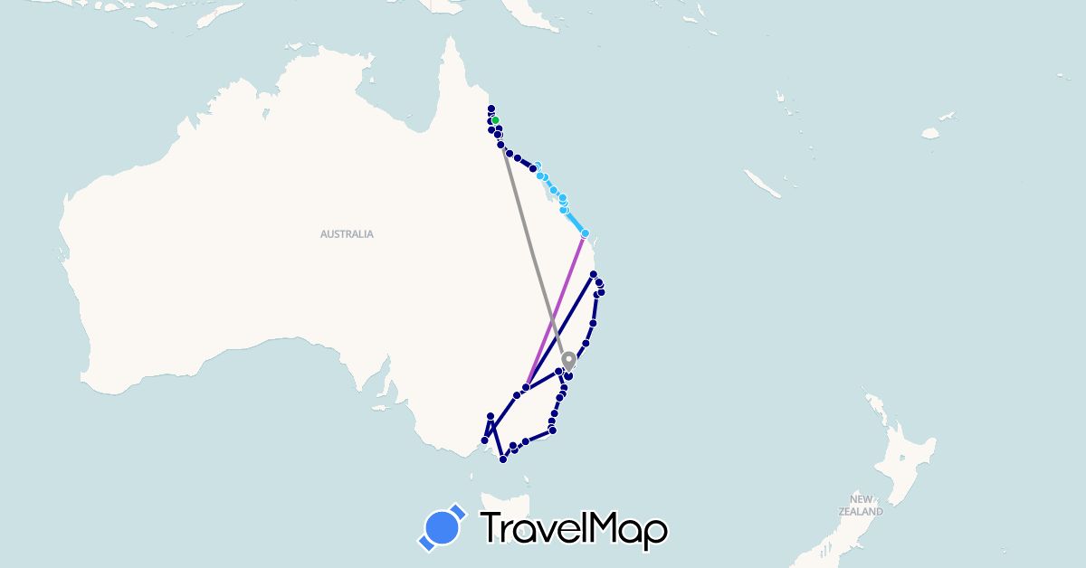 TravelMap itinerary: driving, bus, plane, train, boat in Australia (Oceania)